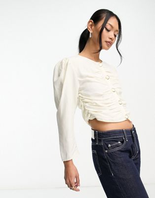 & Other Stories puff sleeve rouched blouse in off white - ASOS Price Checker