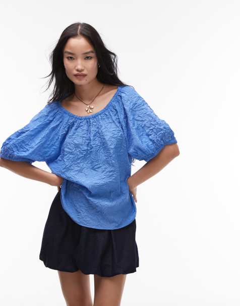 & Other Stories - Blouse texturée nouée au dos à rayures avec manches bouffantes et découpe goutte d'eau - Bleu - view 1