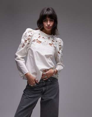 & Other Stories & Other Stories blouse with floral cut out shoulder and neck detail in white-Blue