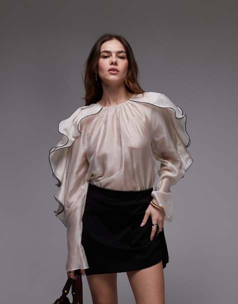 & Other Stories blouse with ruffle sleeves and bow back in light beige  - view 1