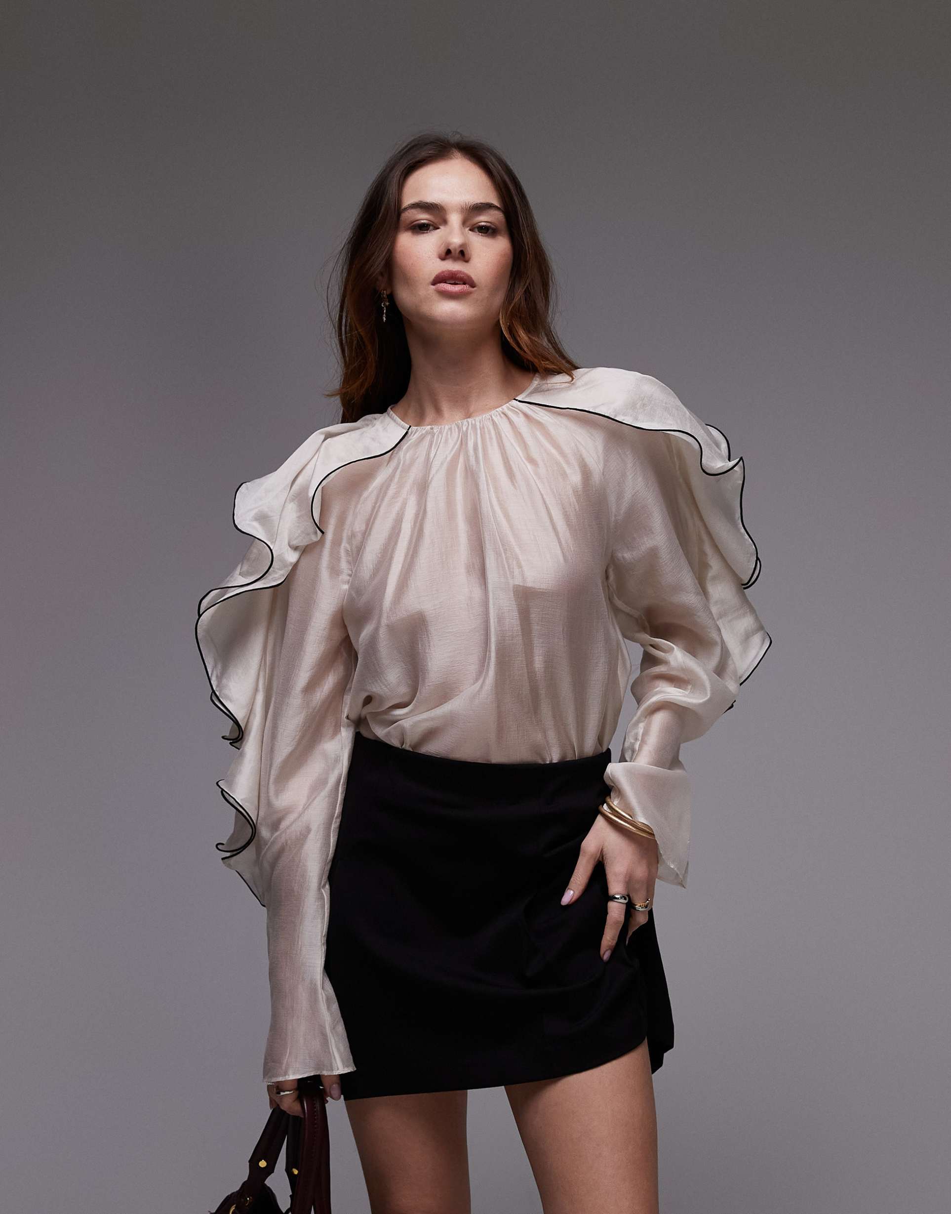 & other stories blouse with ruffle sleeves and bow back in light beige