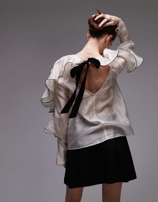 & Other Stories blouse with ruffle sleeves and bow back in light beige 