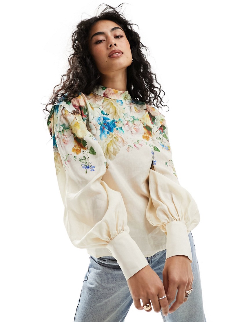 & Other Stories blouse with volume sleeves in floral placement print-White