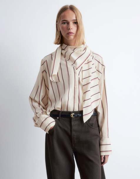 & Other Stories - Blusa con colletto a sciarpa e maniche voluminose beige vintage a righe - view 1