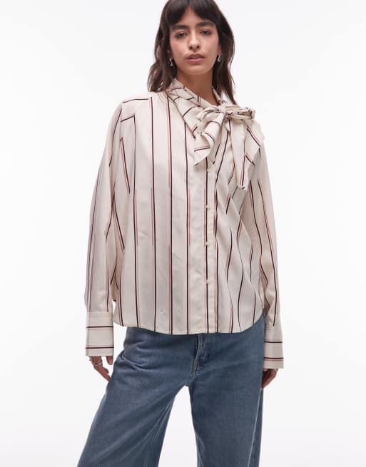 & Other Stories - Blusa con colletto a sciarpa e maniche voluminose beige vintage a righe