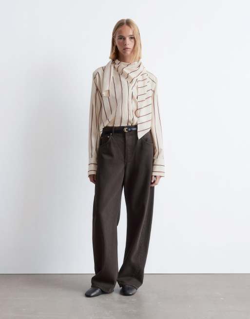 & Other Stories - Blusa con colletto a sciarpa e maniche voluminose beige vintage a righe, 3 di 4