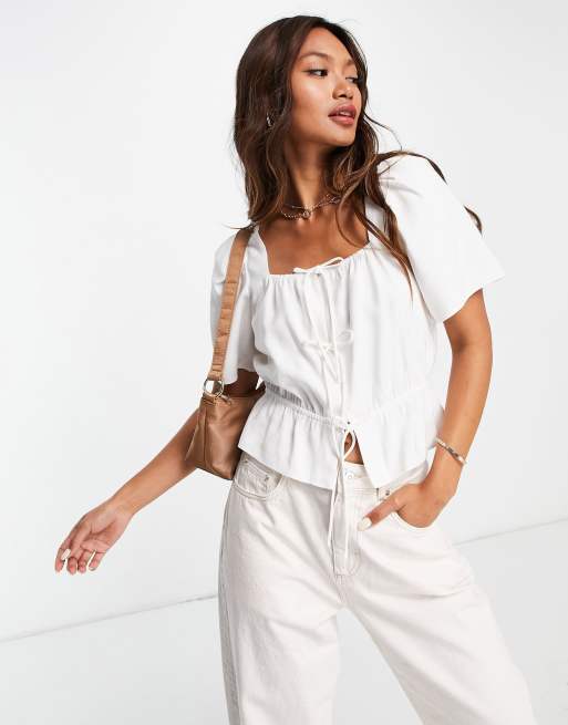 & Other Stories – Bluse in gebrochenem Weiß mit Bindeband - WHITE