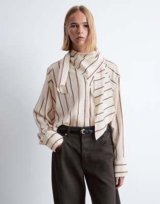 & Other Stories - Bluse in vintagebeige gestreift mit Schaldesign am Ausschnitt und weiten Ärmeln-Bunt