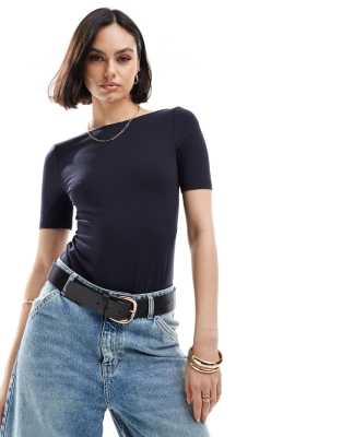 & Other Stories boat neck bodysuit top with short sleeves and square open back in dark blue