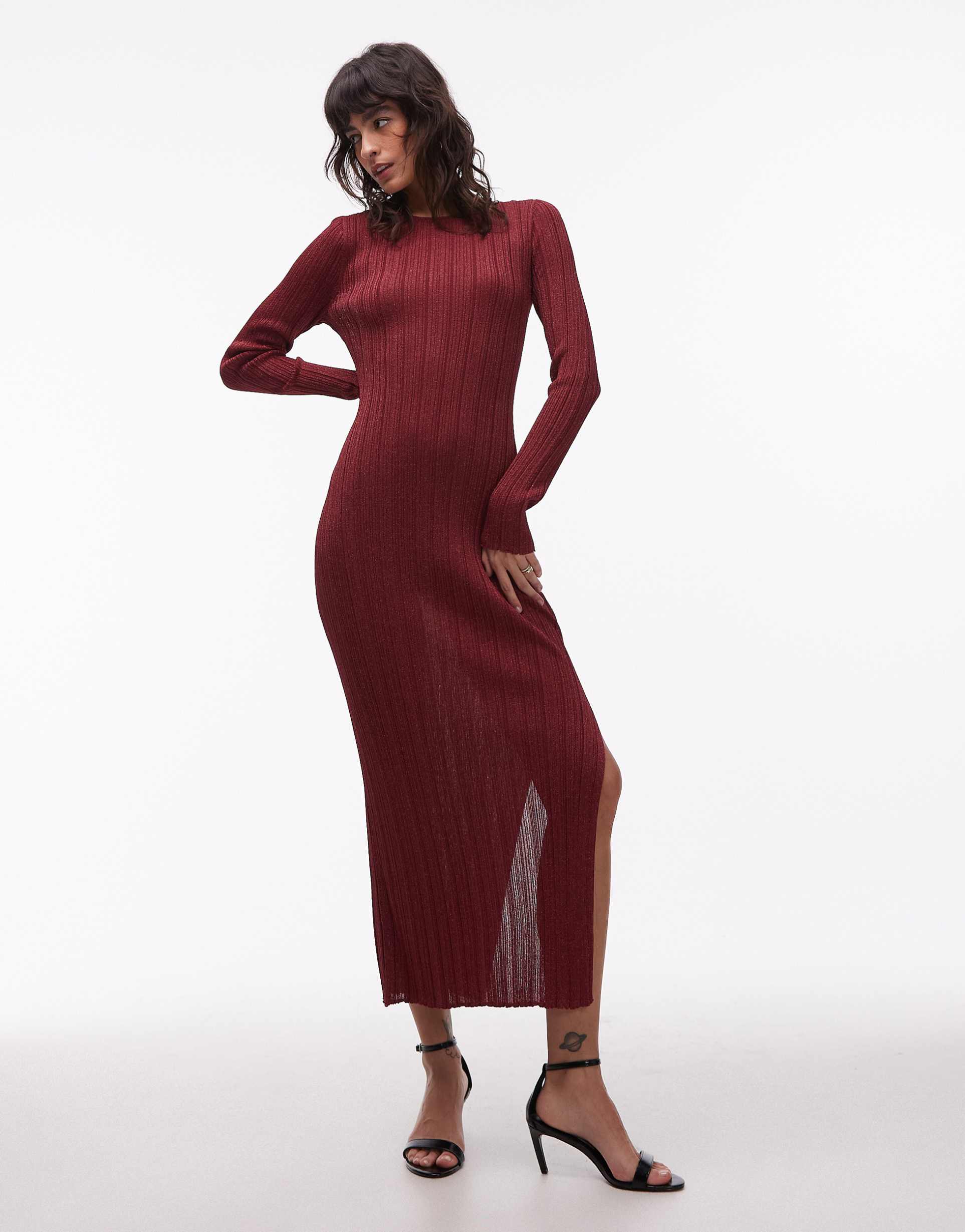 & other stories boat neck long sleeve midi dress in red