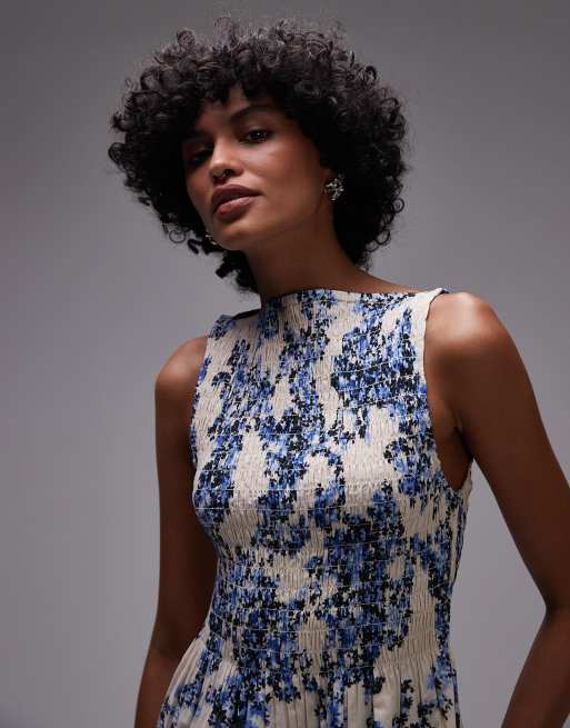 & Other Stories boat neck maxi dress with smocked bodice in blue floral print