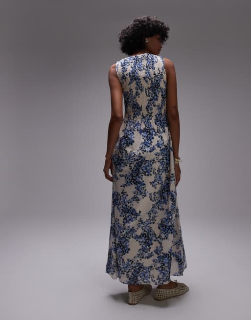 & Other Stories boat neck maxi dress with smocked bodice in blue floral print