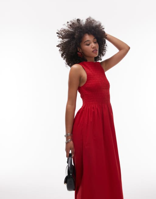 & Other Stories boat neck maxi dress with smocked bodice in red, 3 of 4