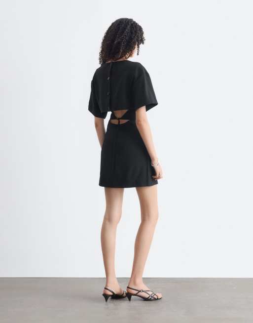 & Other Stories boat neck structured mini dress with open back detail in black, 3 of 4