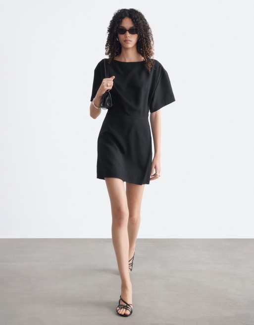 & Other Stories boat neck structured mini dress with open back detailing in black, 2 of 4
