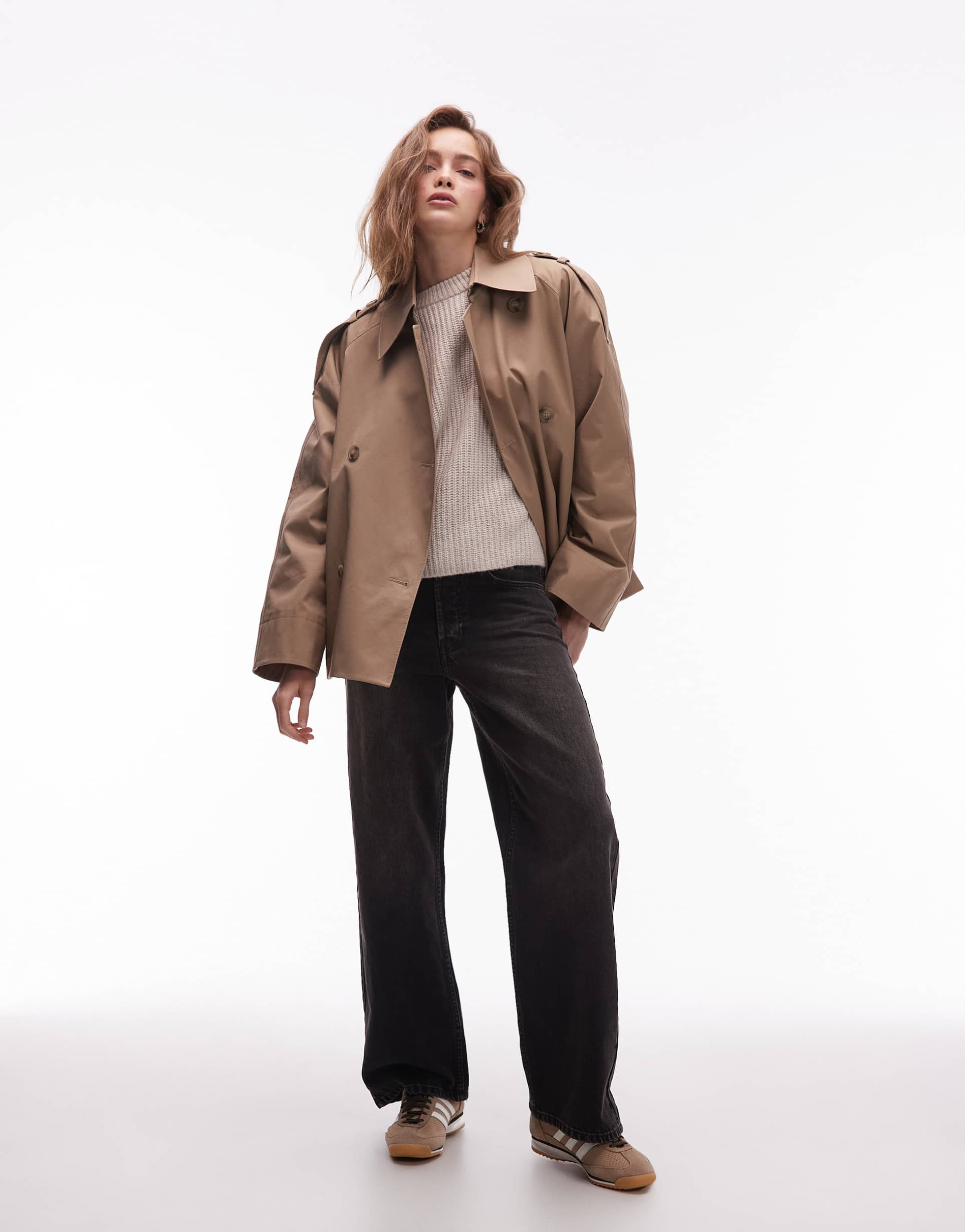 & other stories bold shoulders short trench coat in beige