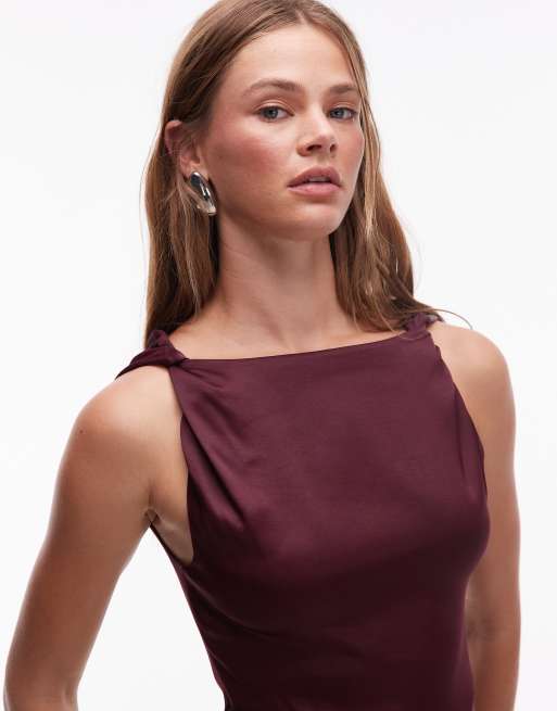 & Other Stories - Bordeaux midikjole med draperet hals i satin- og crepe-stof, 3 af 4