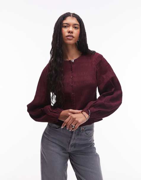 & Other Stories textured blouse with button front in burgundy