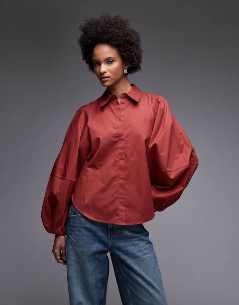 & Other Stories shirt with volume sleeves in burgundy wine