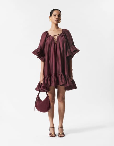 & Other Stories semi sheer mini dress with ruffle edge sleeves and tie neck in burgundy