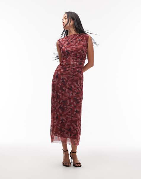 & Other Stories mesh midi dress with drape detail in burgundy
