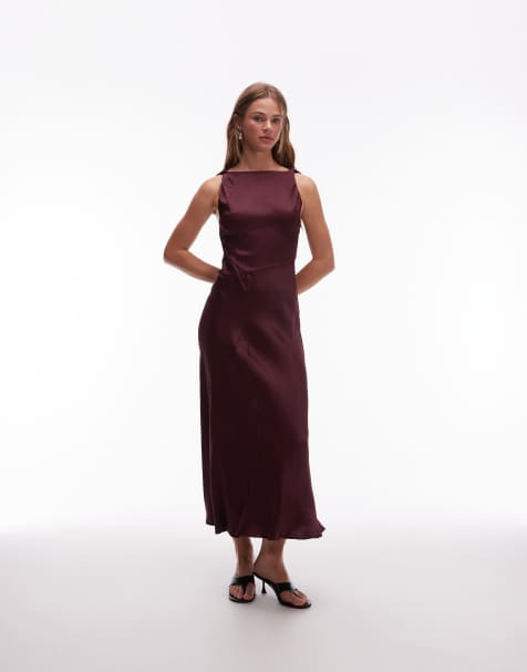 & Other Stories satin crepe  midi dress with drape neck in burgundy wine