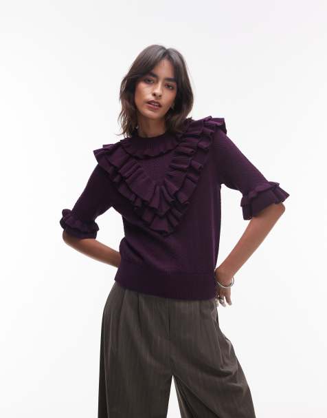 & Other Stories knitted pointelle sweater with ruffles in burgundy plum