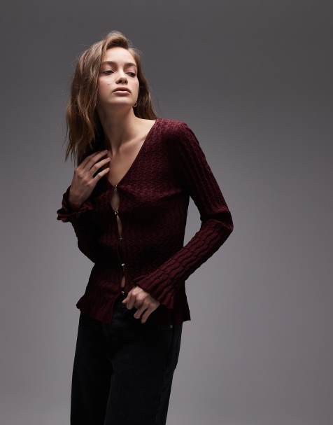 & Other Stories honeycomb rib knitted cardigan in burgundy