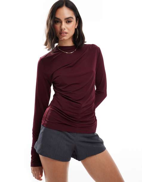 & Other Stories long sleeve mock neck top with ruche detail in  burgundy