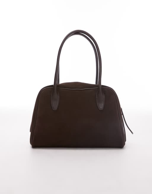 & Other Stories - Borsa da spalla da bowling marrone scuro in camoscio con manici, 3 di 4