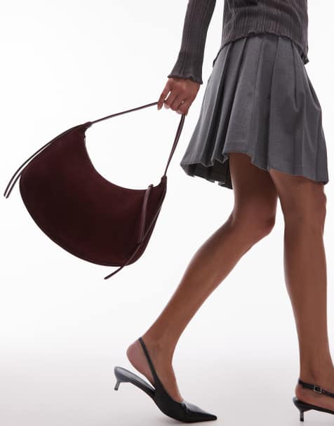 & Other Stories - Borsa shopping piccola arrotondata in camoscio rosso ciliegia scuro con frange in pelle - view 1