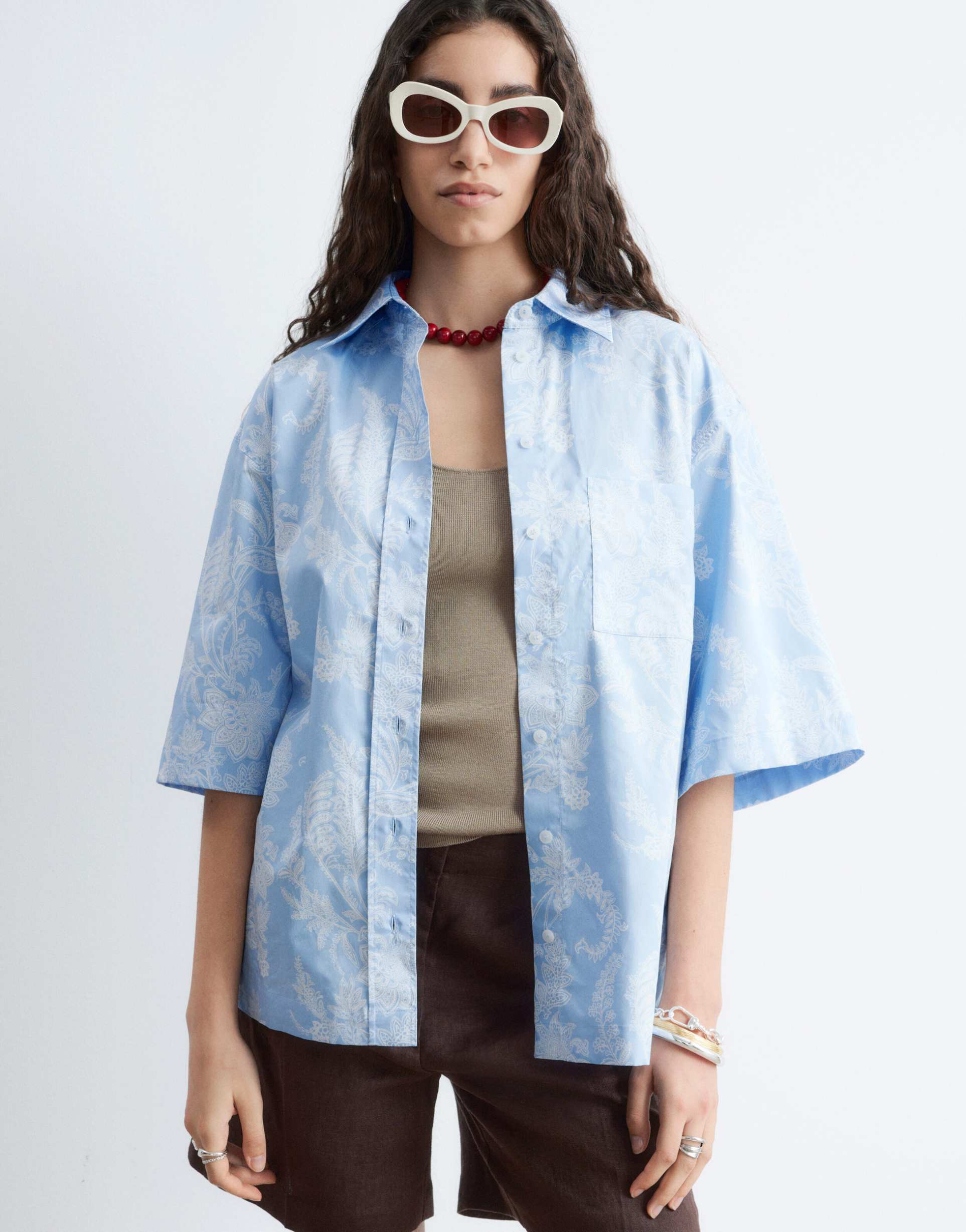 & other stories boxy floral print cotton resort shirt in light blue