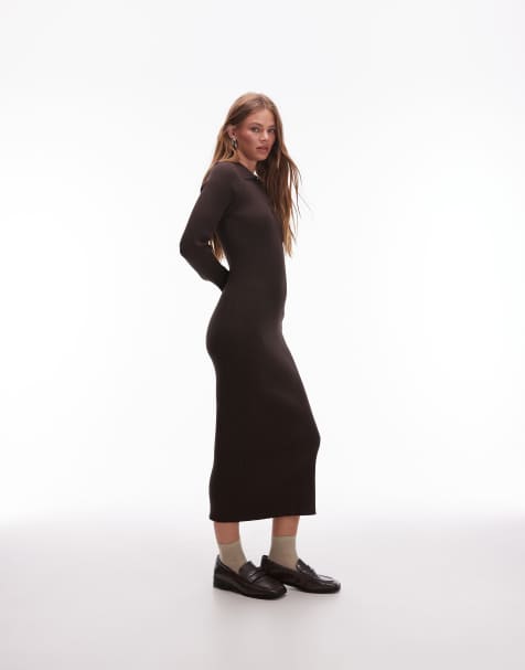& Other Stories knitted midi dress with polo collar in brown