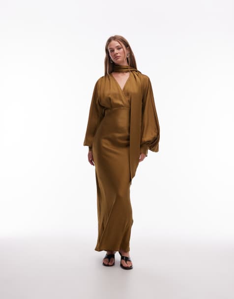 & Other Stories satin midaxi dress with deep v-neck and detachable scarf in brown