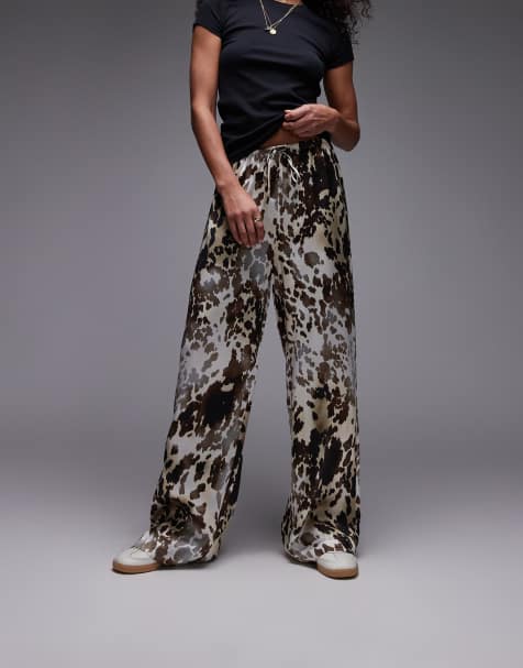 & Other Stories satin pull-on wide leg trousers in brown animal print