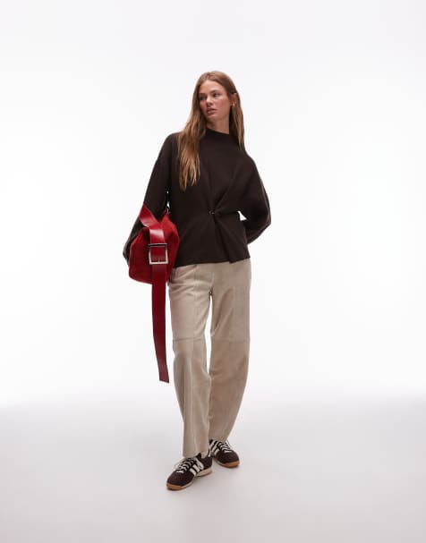 & Other Stories compact knitted  jumper with asymmetric gathered faux amber stone detail in brown