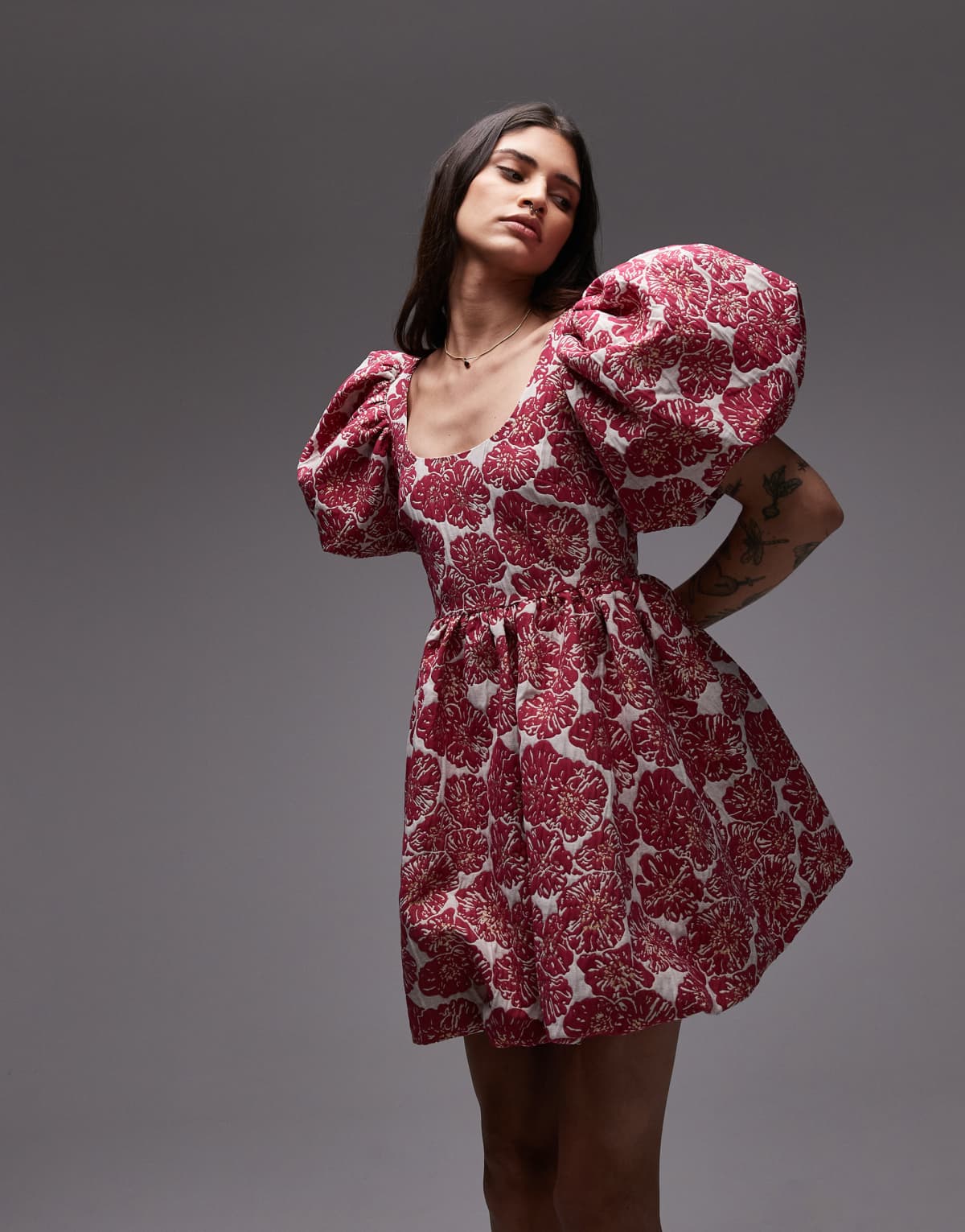 & Other Stories brocade mini dress with statement puff sleeves and deep back in pink floral