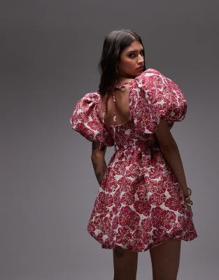& OTHER STORIES BROCADE MINI DRESS WITH STATEMENT PUFF SLEEVES AND DEEP BACK 