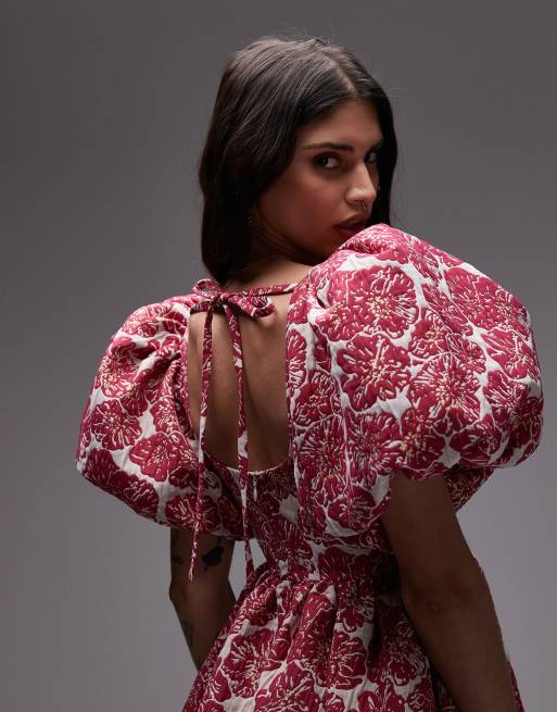 & Other Stories brocade mini dress with statement puff sleeves and deep back in pink floral, 4 of 4