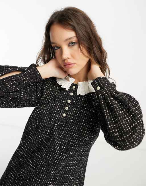 & Other Stories broderie collar boucle mini dress in black