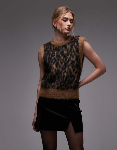 & Other Stories brushed hairy mohair merino wool blend knitted vest in brown leopard print - view 1