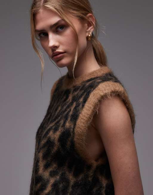 & Other Stories brushed hairy mohair merino wool blend knitted vest in brown leopard print, 2 of 4