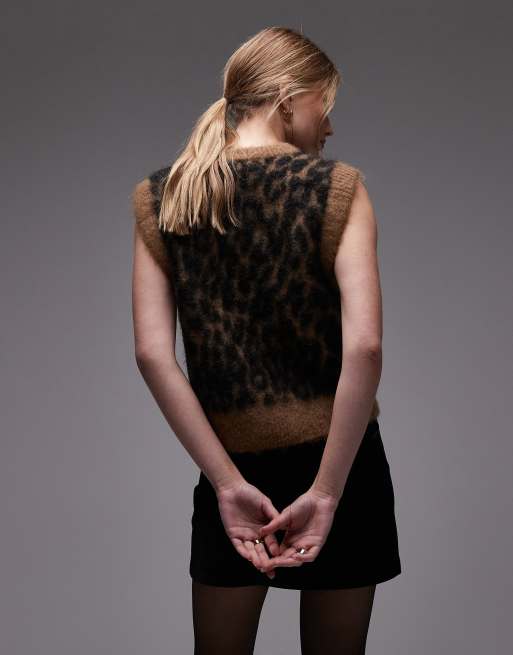 & Other Stories brushed hairy mohair merino wool blend knitted vest in brown leopard print, 4 of 4