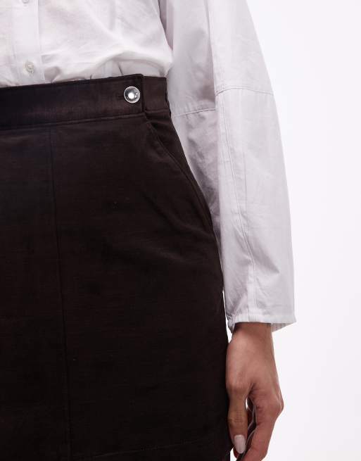 & Other Stories button detail velvet mini skirt in dark brown, 4 of 5