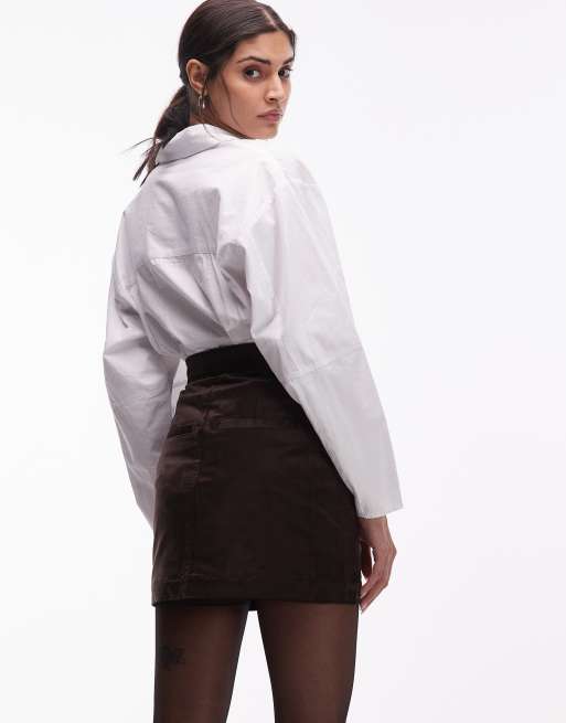 & Other Stories button detail velvet mini skirt in dark brown, 5 of 5