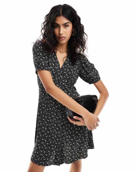 & Other Stories Button Through Mini Dress In Black Ditsy Floral 