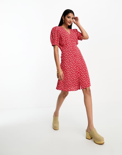 & Other Stories button through mini dress in red floral | ASOS