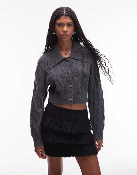 & Other Stories cable knitted cardigan with collar and button front in grey - view 1