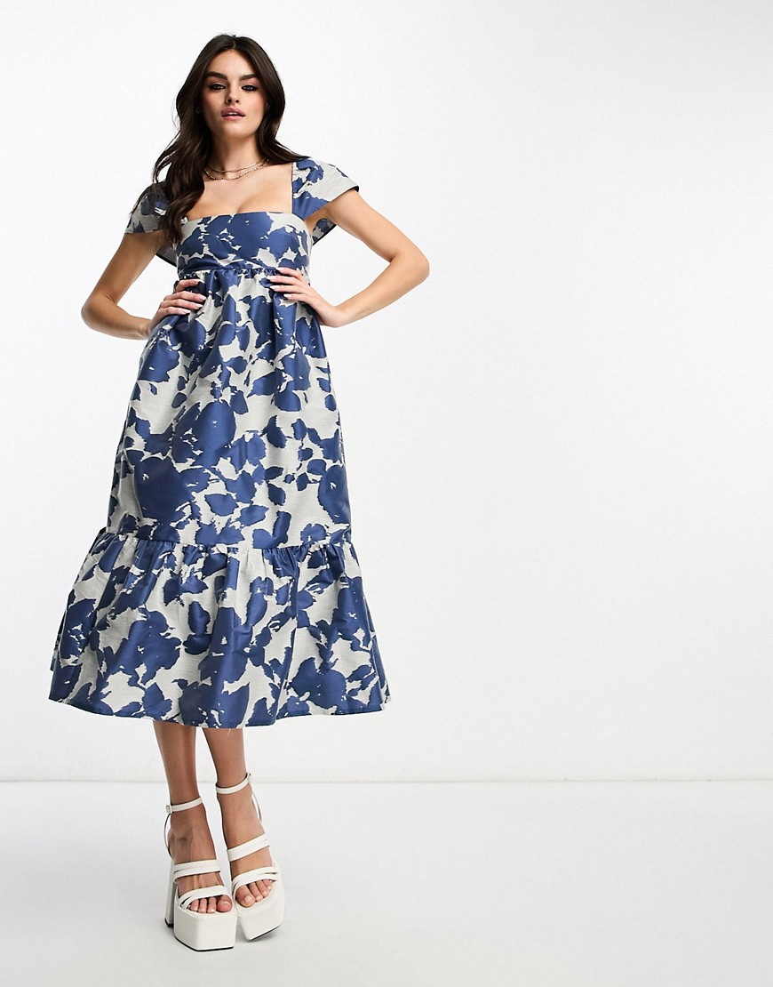 & Other Stories cami strap midi dress with volume hem in blue jacquard floral print-White