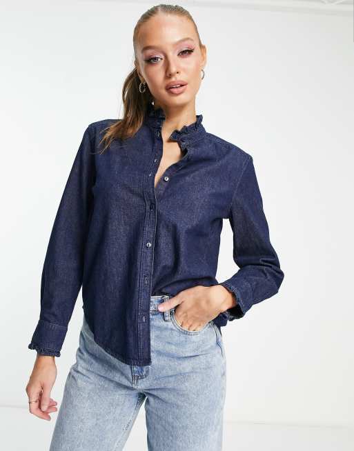  Other Stories - Camicia di jeans in cotone blu scuro con volant